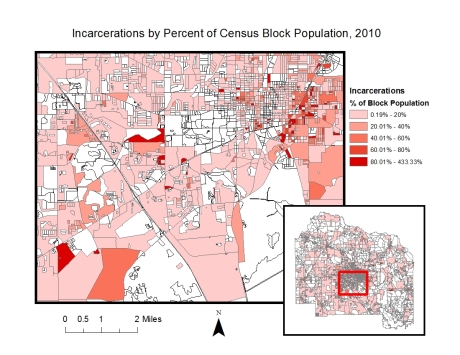 Incarcerations by Percent of Census Block Population, 2010